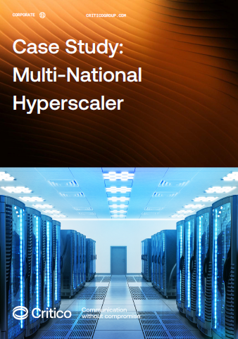 Case study front page showing a data centre image on a brown background